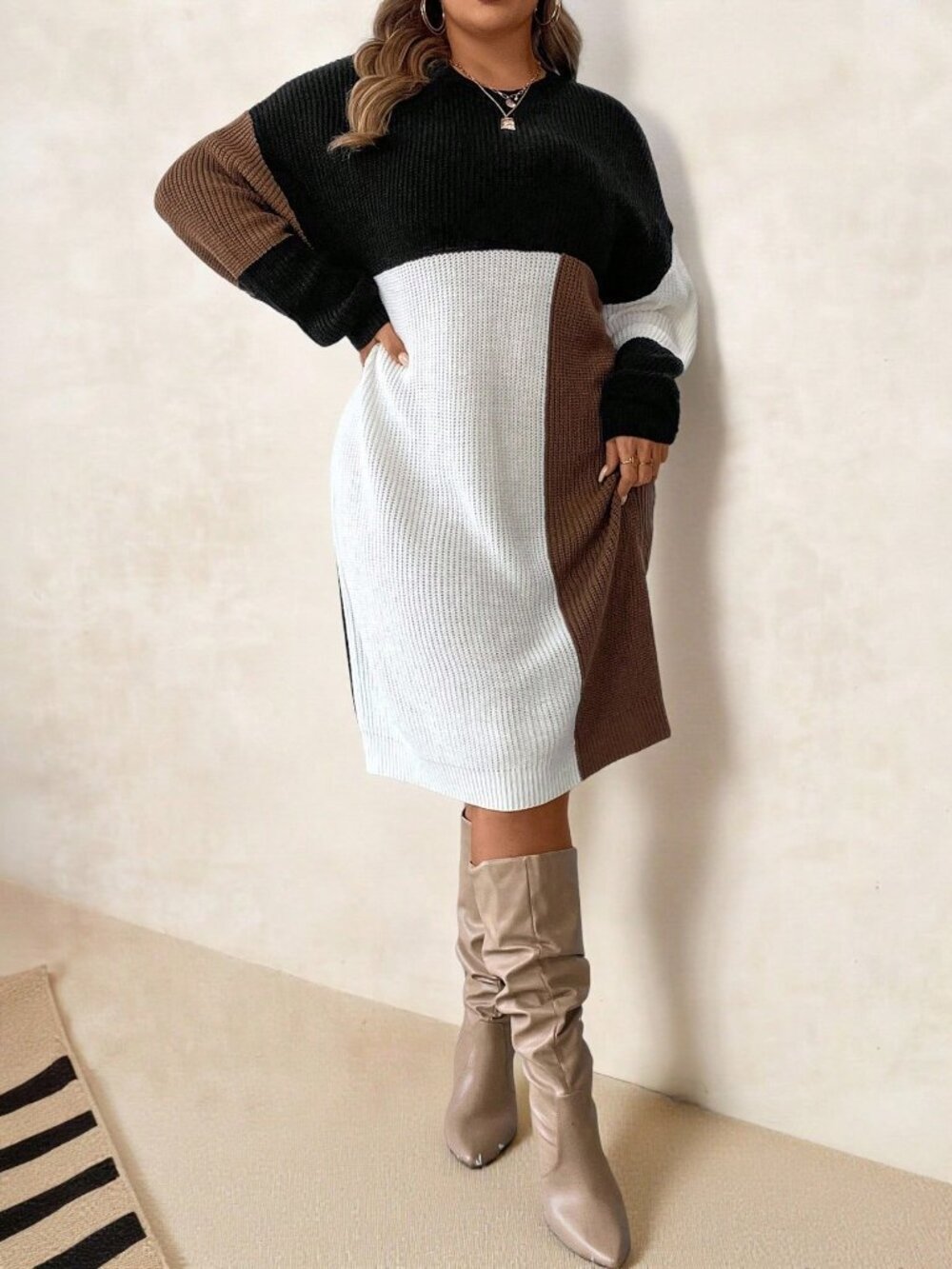 Colorblock Casual Women's plus size Round Neck long sleeve Sweater Dress